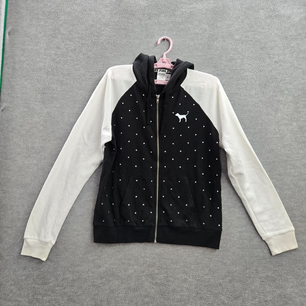 PINK Women Hoodie M Black Polka Dot Rhinestones‎ Bling Dog Silhouette